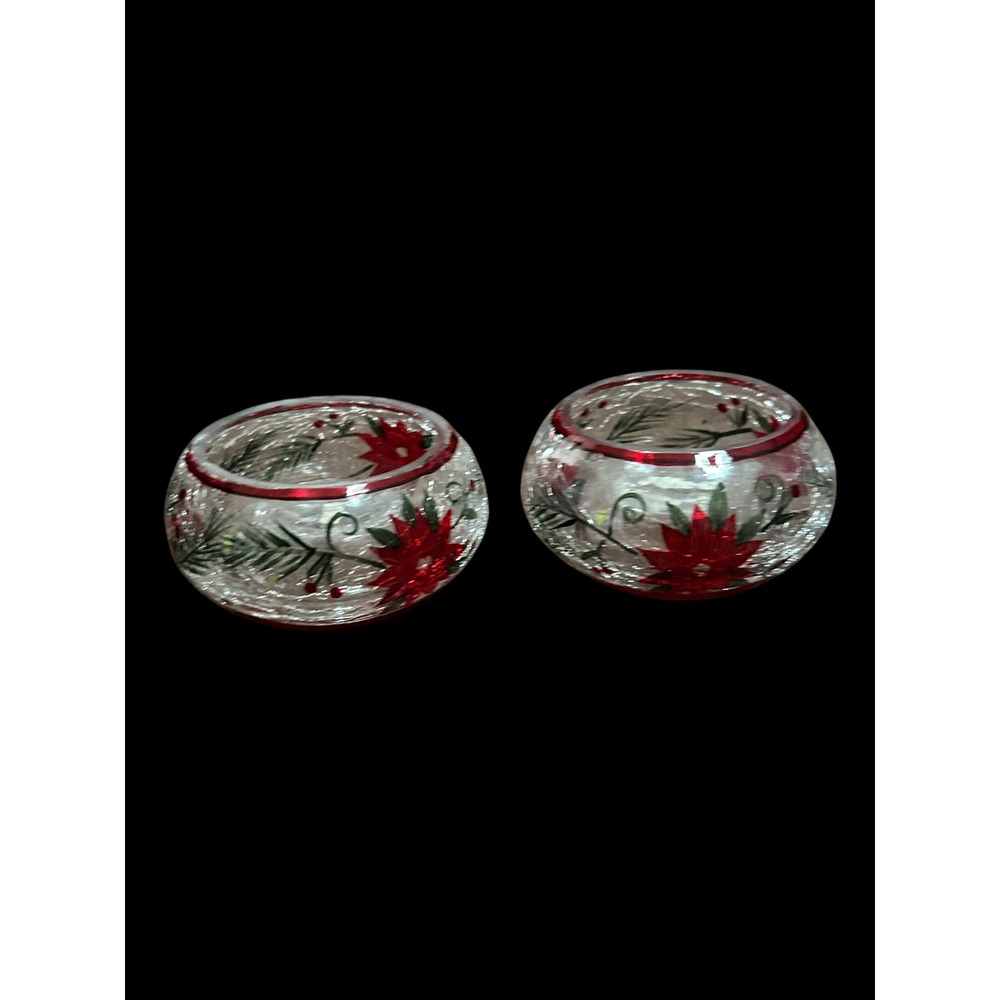 Set of 2 Christmas Poinsettia Crackle Glass Tea Light Votive Candle Holders Red